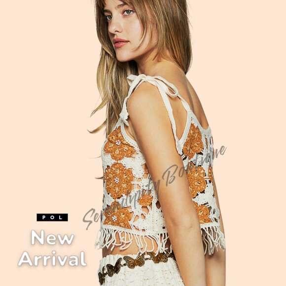 POL Cami Crochet Fringe Tie Strap Boho Crop Top - Picture 2 of 10